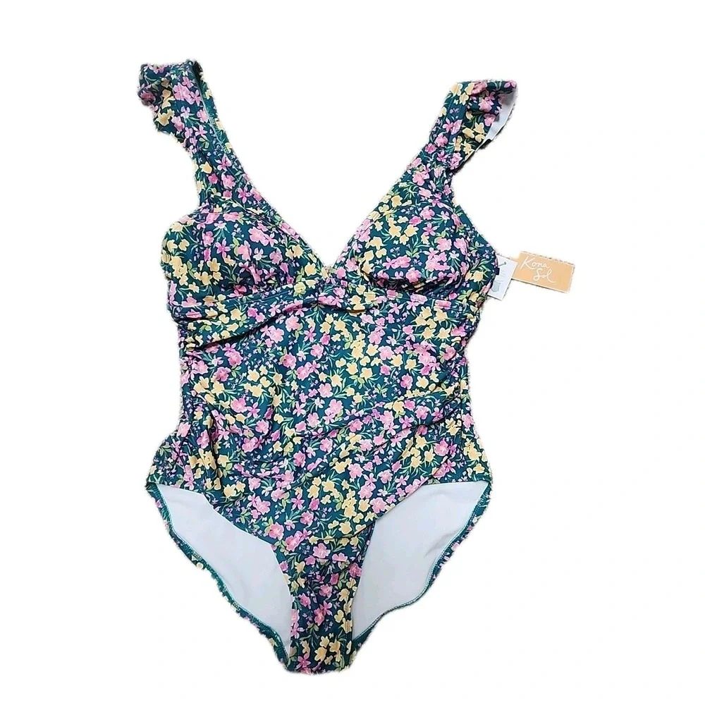 Kona Sol Green Pink Yellow Floral Deep V One Piece Bathing Swim Suit Large NWT